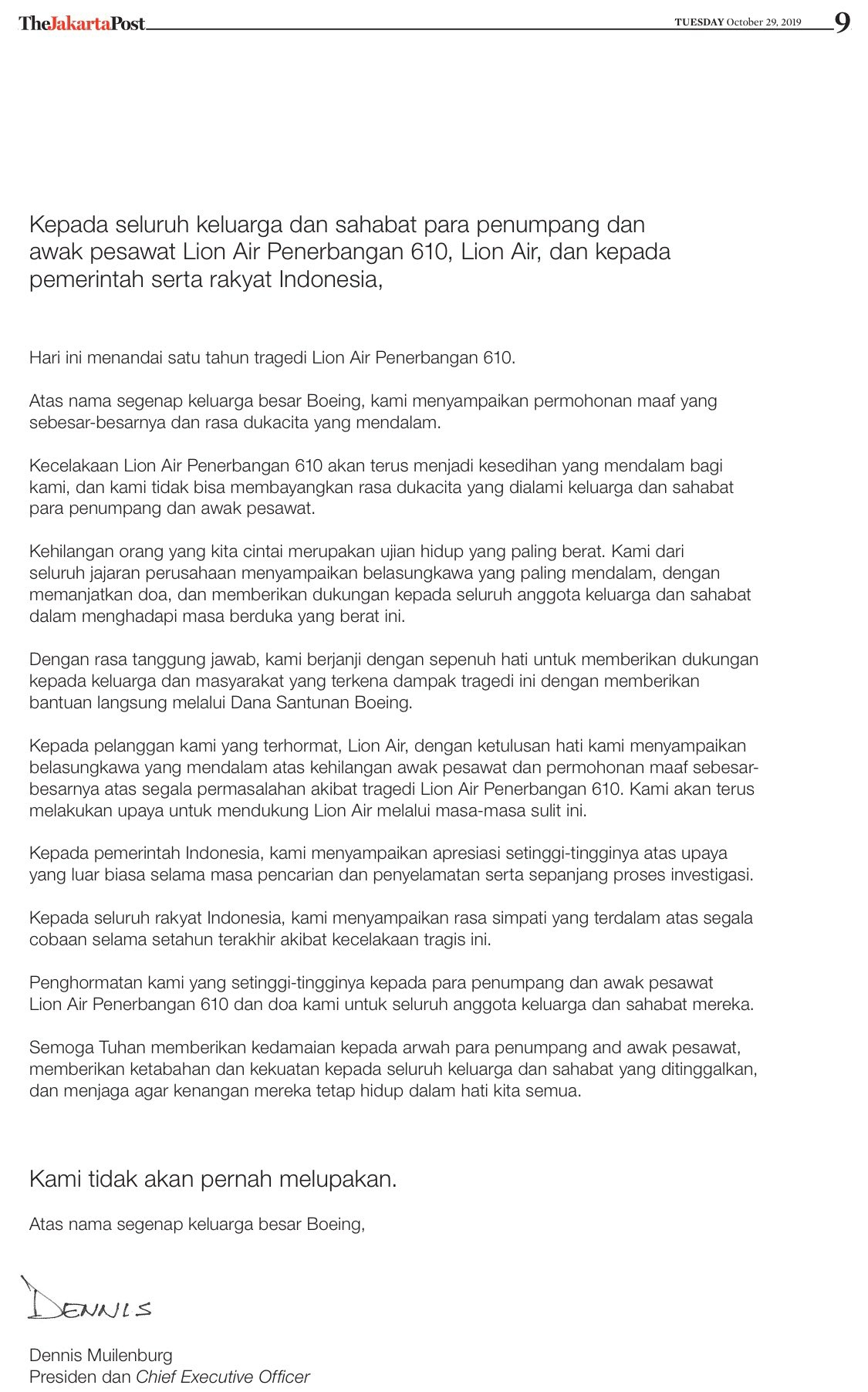 圖：波音在獅航空難一周年當天在印尼各大報上刊登整版廣告圖源：推特@flightmoods