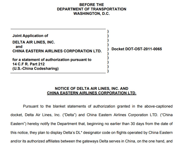 達美與東航向美交通部申請在大興航線上代碼共享516675_ 達美與東航向美交通部申請在大興航線上代碼共享