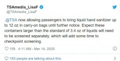 空運價格表-美國TSA：疫情期間旅客可攜帶不超過354毫升的洗手液（附圖）